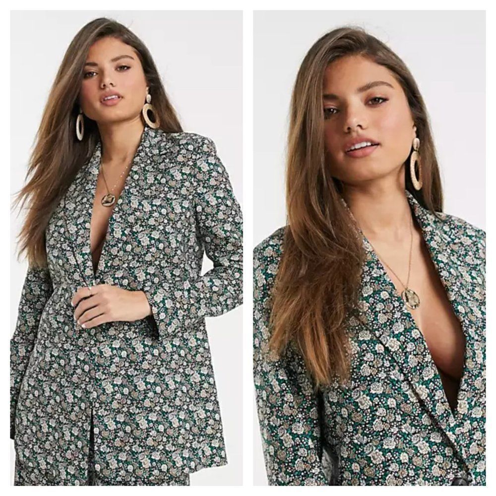 Mango MNG Floral Print Longline Blazer One Button Oversized Women's XXS